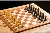 Zestaw szachowy - Szachownica mahoń / klon z opisem (pole 45mm) + figury American Classic 3"
