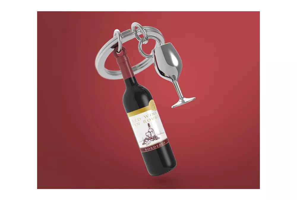 Elegancki metalowy breloczek Meta[l]morphose - Butelka wina i kieliszek