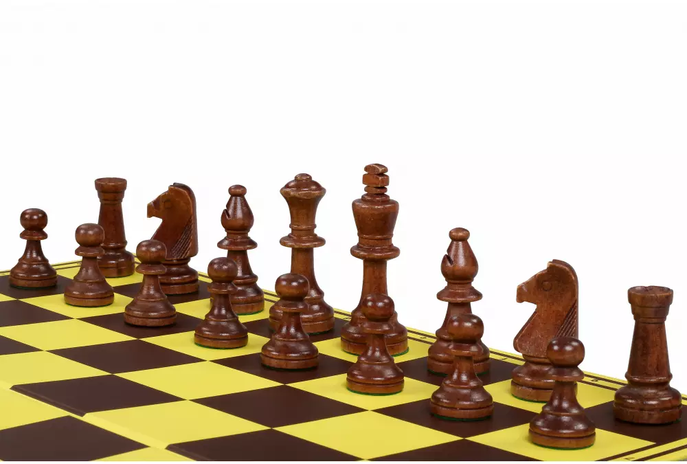 Zestaw szachowy turniejowy - figury szachowe drewniane CHW26 ART (król 90 mm) + szachownica tekturowa składana o polu 55 mm + woreczek welurowy