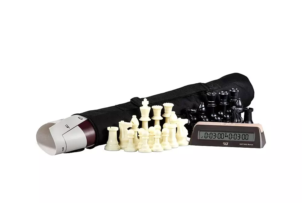 Zestaw TURNIEJOWY 2 (1x figury obciążane + szachownica rolowana + zegar szachowy + torba)