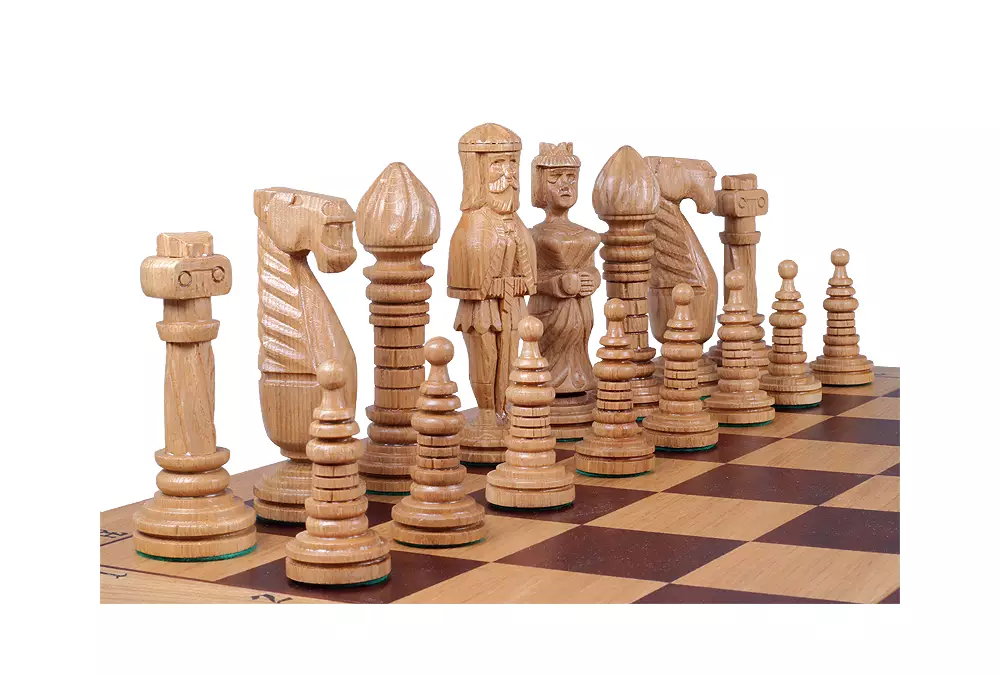 DUŻE SZACHY DĘBOWE (64,5x65cm) intarsjowane, rzeźbione, drewniane