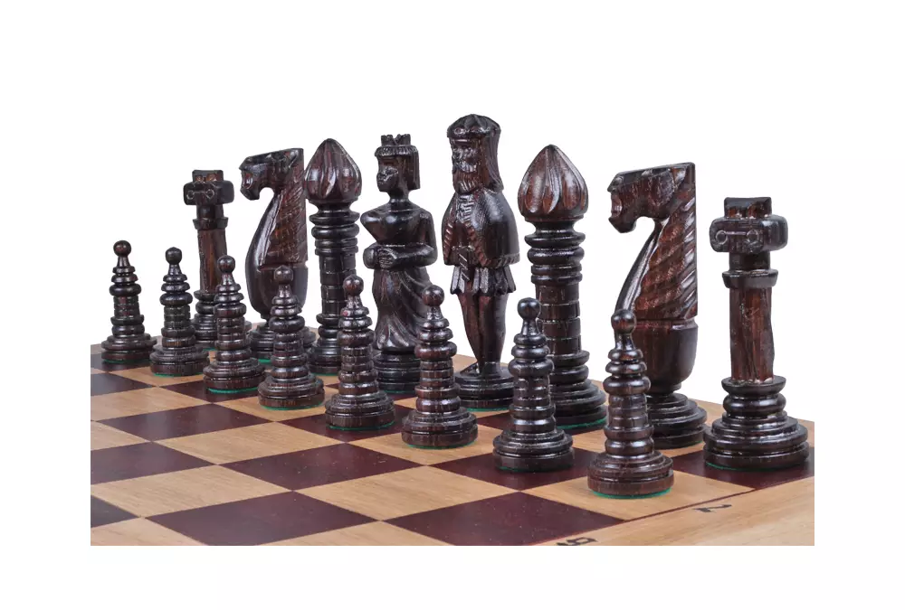 DUŻE SZACHY DĘBOWE (64,5x65cm) intarsjowane, rzeźbione, drewniane