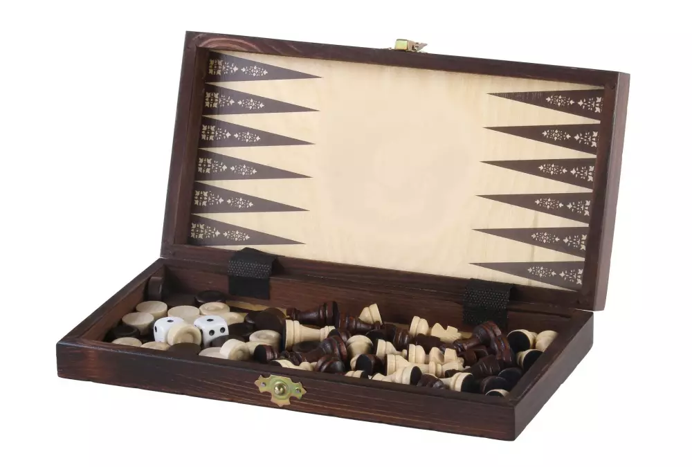 ZESTAW SZKOLNY DREWNIANY (28x28cm) - SZACHY + WARCABY + BACKGAMMON