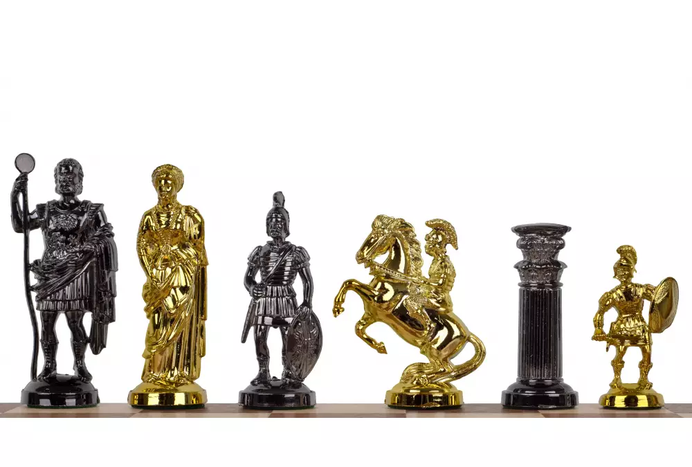 Metalizowane figury szachowe stylizowane na Cesarstwo Rzymskie, dociążane metalem (król 98 mm)