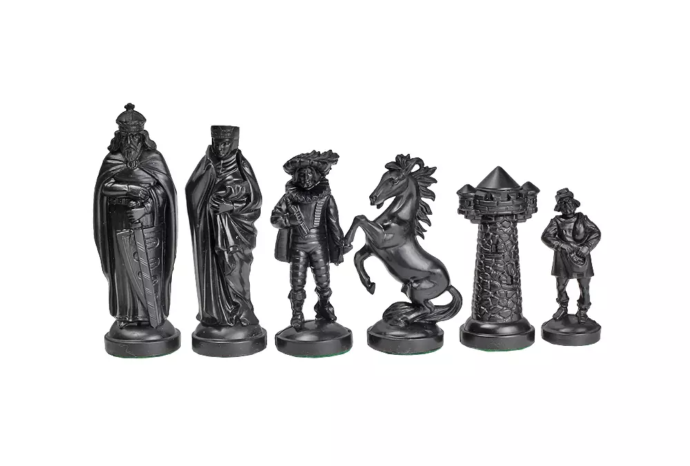 Figury szachowe stylizowane na Średniowiecze, czarno-złote (król 98 mm)