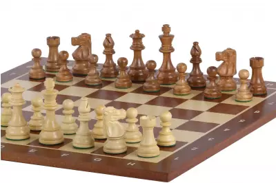 Zestaw szachowy French Lardy - szachownica mahoniowa (pole 50 mm), figury akacjowe (król 90 mm)
