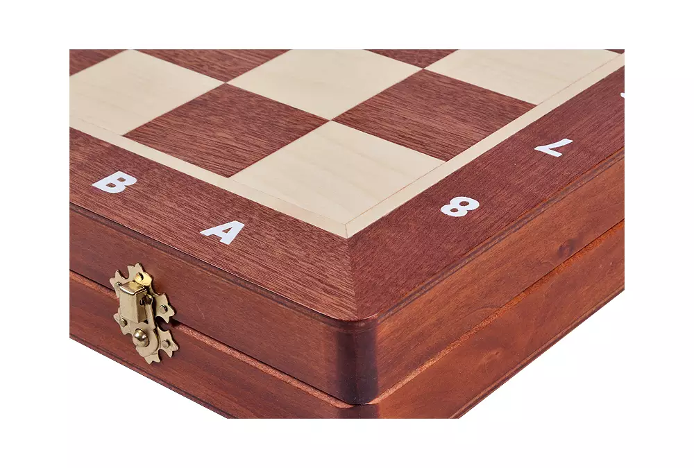 Drewniana, intarsjowana kasetka szachowa z wkładką do przechowywania figur (48 x 48 cm), pole 50 mm