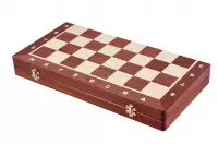 Drewniana, intarsjowana kasetka szachowa z wkładką do przechowywania figur (48 x 48 cm), pole 50 mm