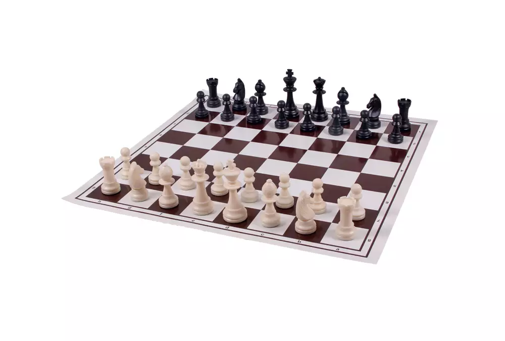 Dwustronna, zwijana, winylowa deska: szachy + młynek, biało - brązowa